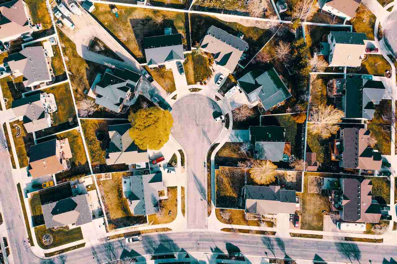 Aerial view of a residential street of family homes in Chestermere