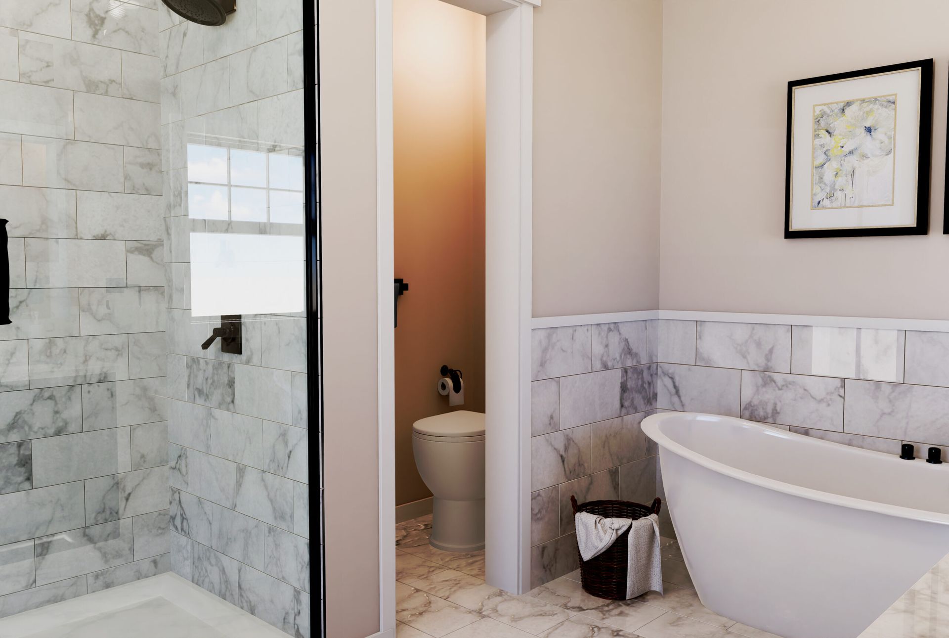 Upgraded ensuite bathroom with a freestanding tub and marble tile