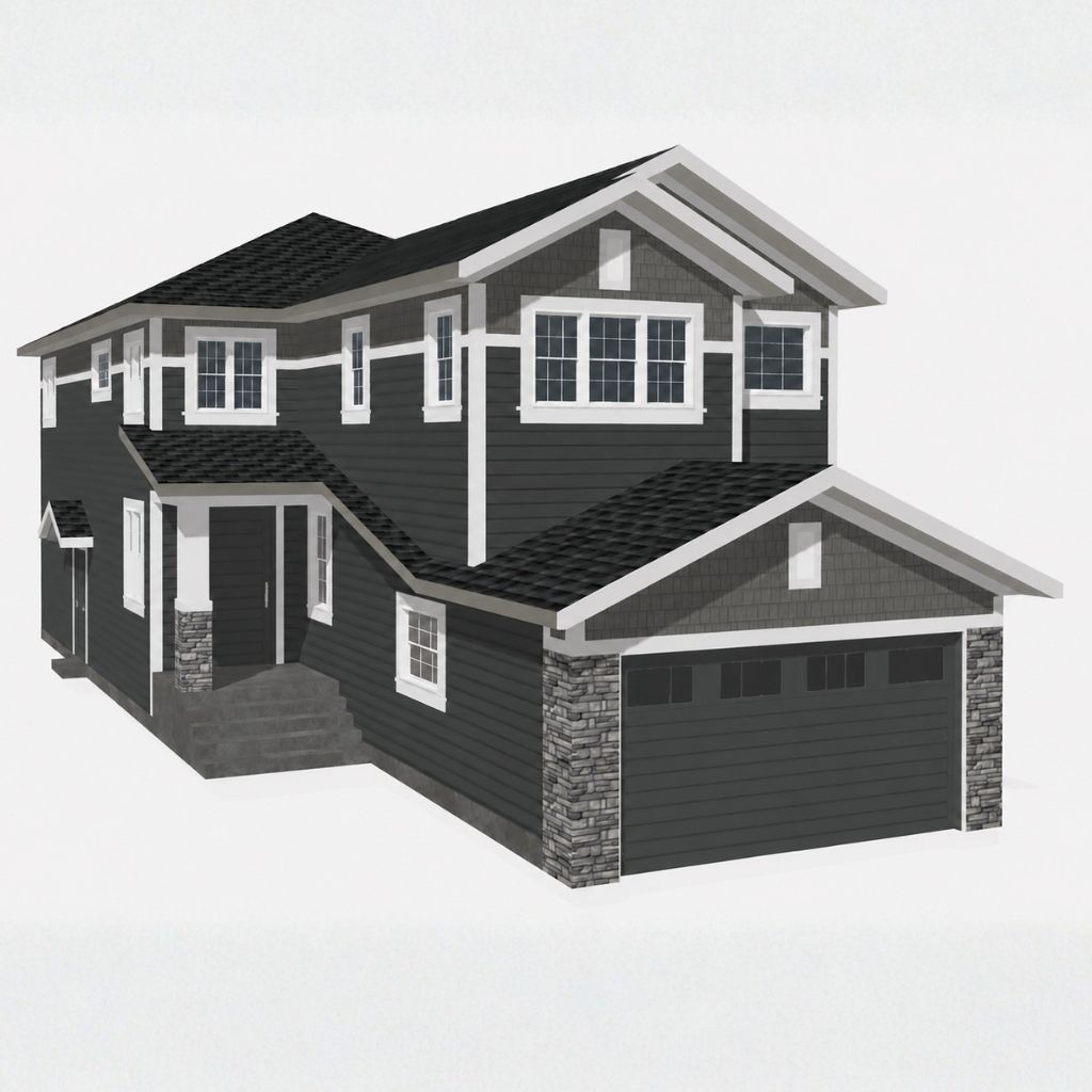 Two-story suburban house with dark siding, white trim, stone accents, and a two-car garage.