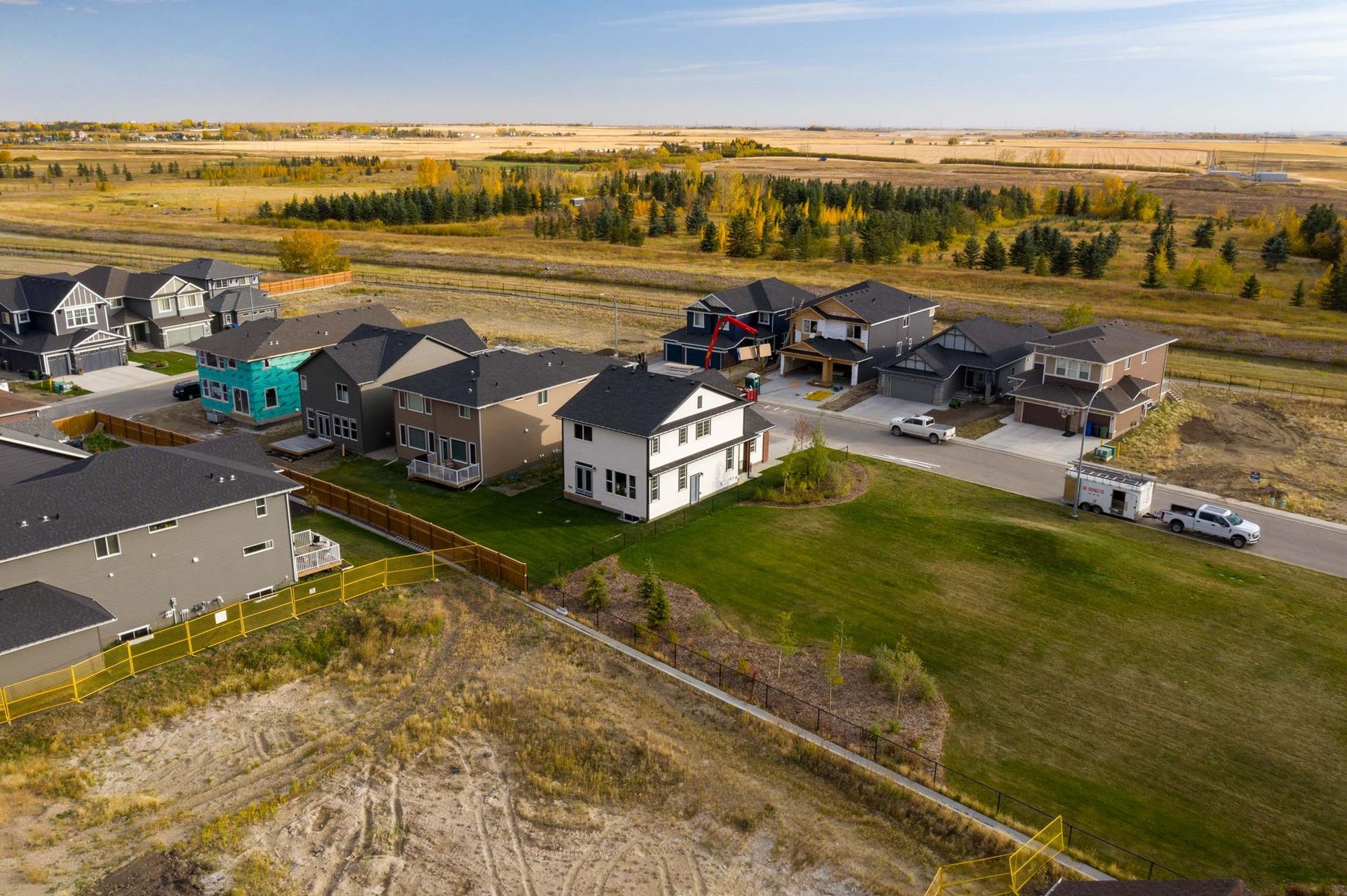 Aerial view of new homes in the Kinniburgh South community, Chestermere
